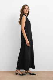 Önü Şifonlu Uzun İç Elbise-Siyah