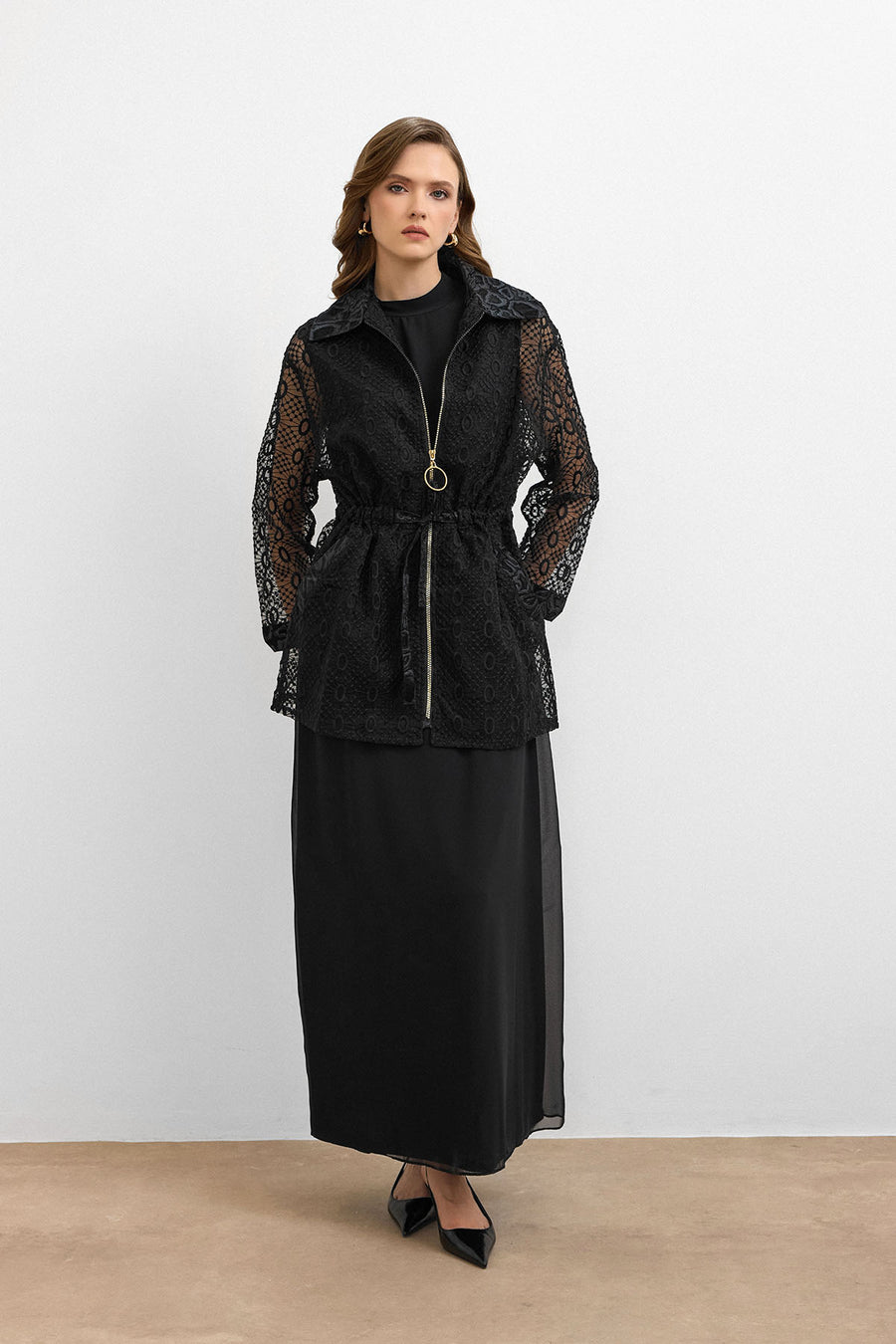 Organze Dantelli Ceket Siyah