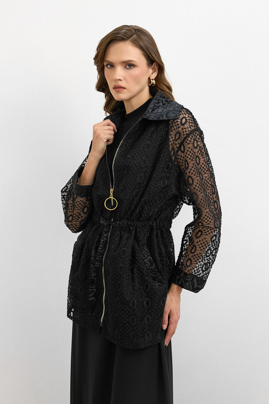 Organze Dantelli Ceket Siyah