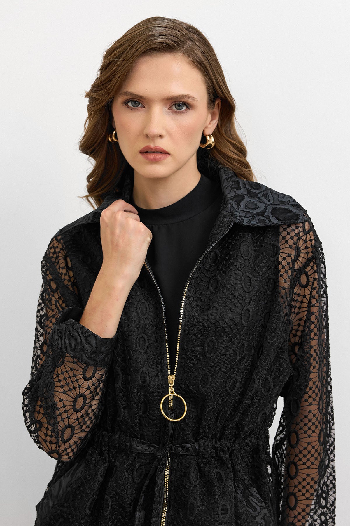 Organze Dantelli Ceket Siyah