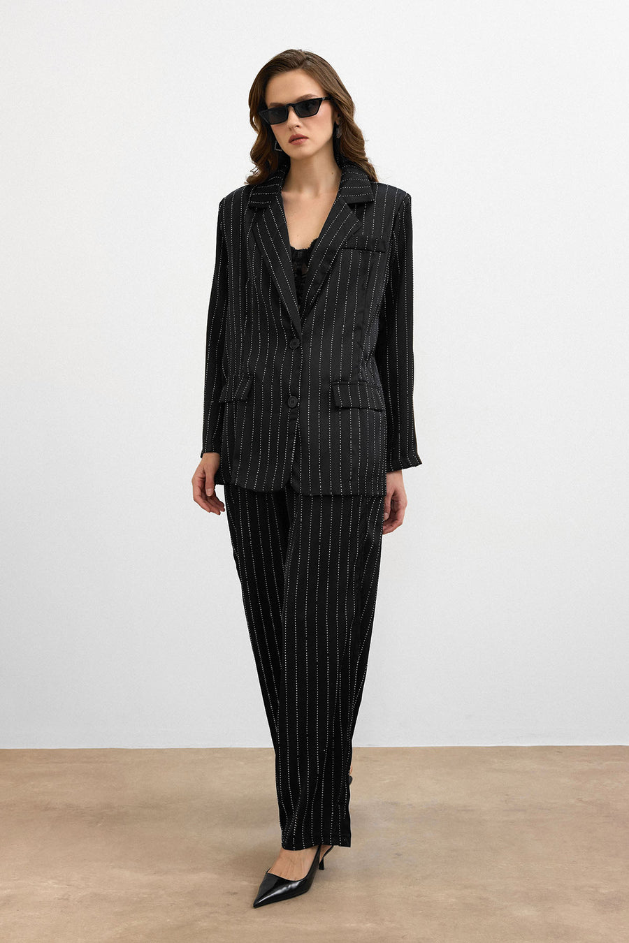 Çizgili Taşlı Ceket Takım Siyah