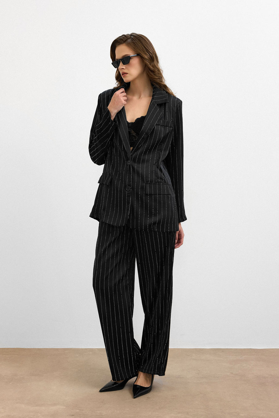 Çizgili Taşlı Ceket Takım Siyah