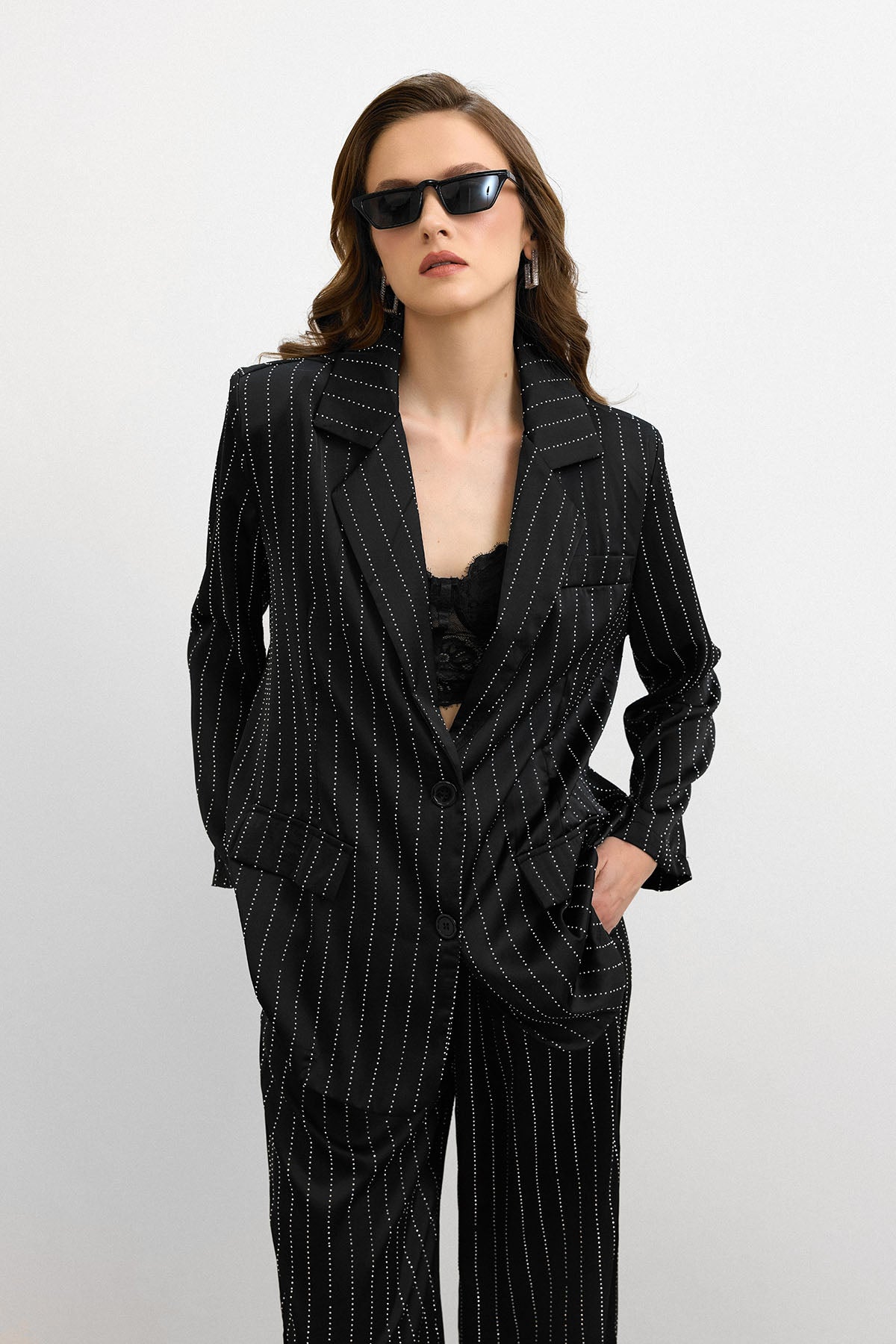 Çizgili Taşlı Ceket Takım Siyah
