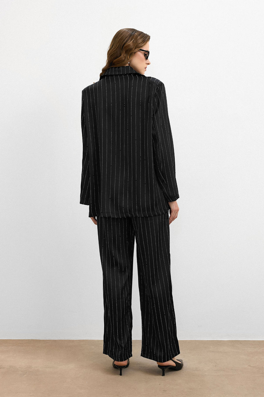 Çizgili Taşlı Ceket Takım Siyah