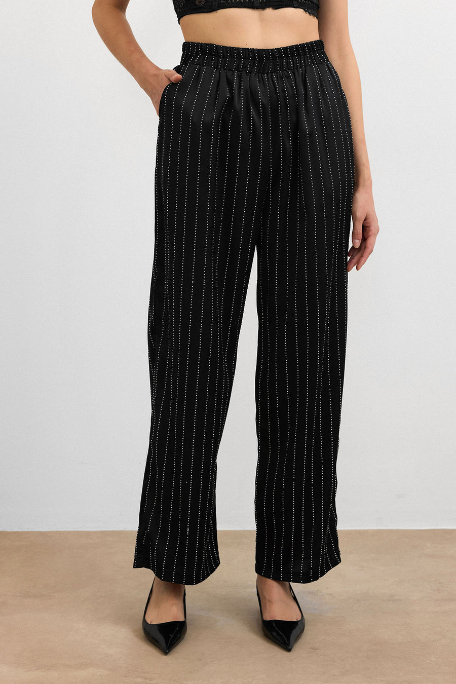 Çizgili Taşlı Ceket Takım Siyah