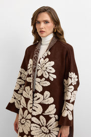 Çiçek Desenli Uzun Hırka Kahve