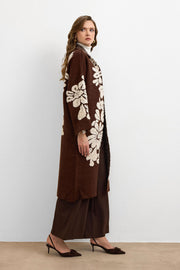 Çiçek Desenli Uzun Hırka Kahve