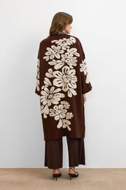 Çiçek Desenli Uzun Hırka Kahve