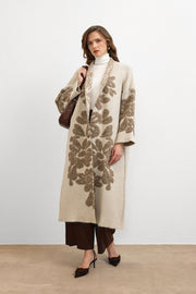 Çiçek Desenli Uzun Hırka Krem