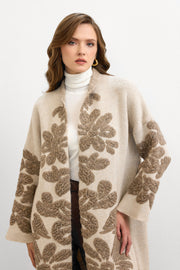 Çiçek Desenli Uzun Hırka Krem