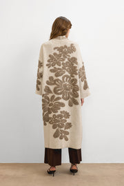 Çiçek Desenli Uzun Hırka Krem
