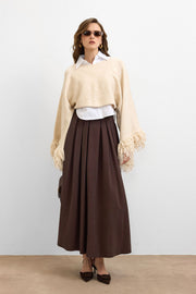 Püsküllü Triko Crop Kazak Krem