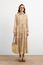 Golden Ikat Desen Elbise-Bej