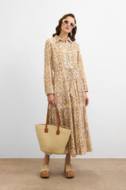 Golden Ikat Desen Elbise-Bej