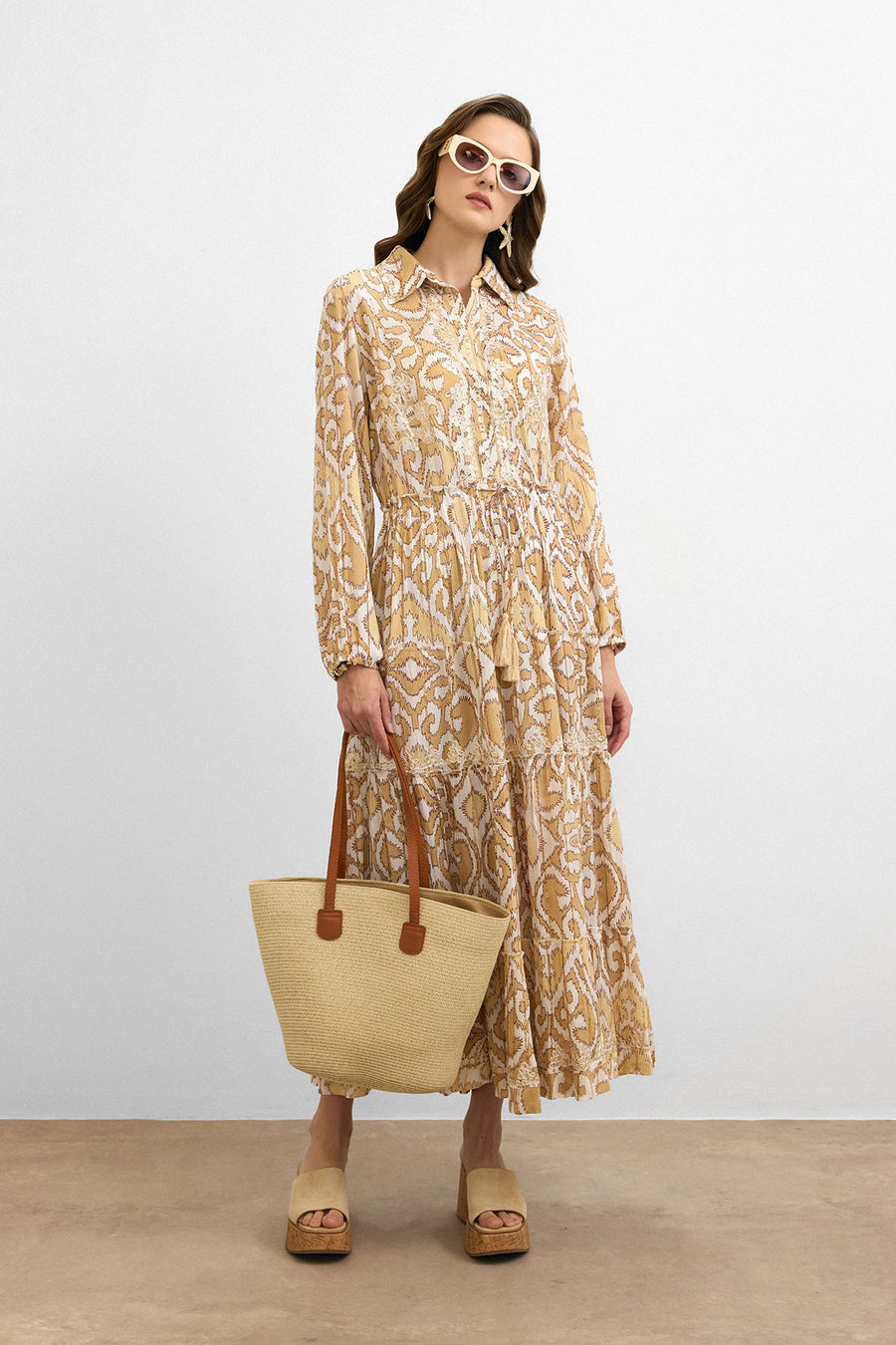 Golden Ikat Desen Elbise-Bej