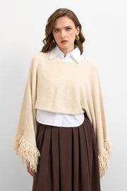 Püsküllü Triko Crop Kazak Krem