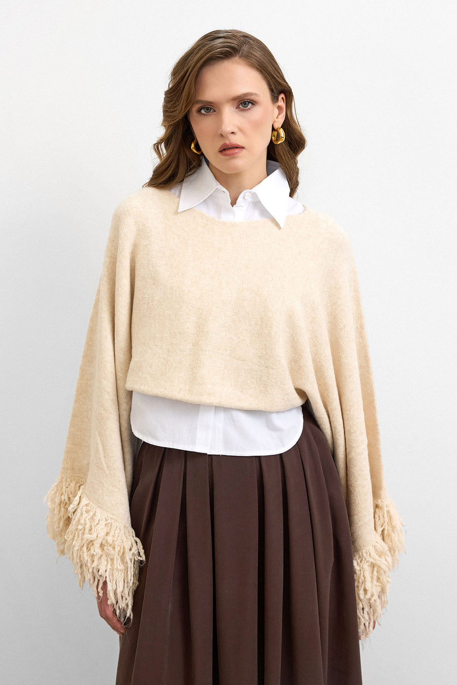 Püsküllü Triko Crop Kazak Krem