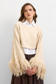 Püsküllü Triko Crop Kazak Krem