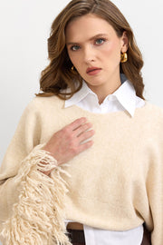 Püsküllü Triko Crop Kazak Krem