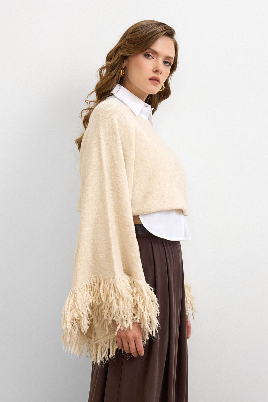 Püsküllü Triko Crop Kazak Krem