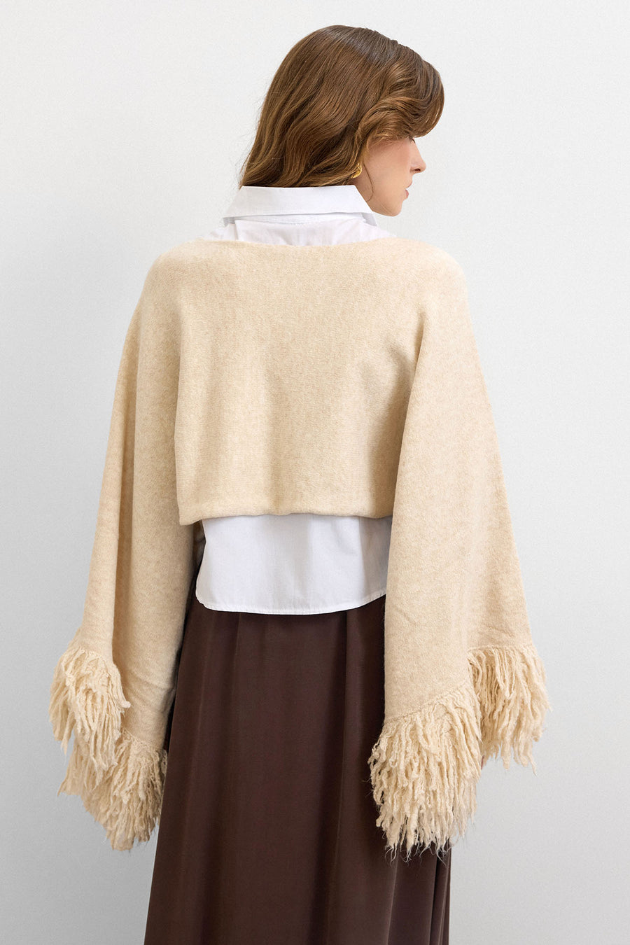 Püsküllü Triko Crop Kazak Krem