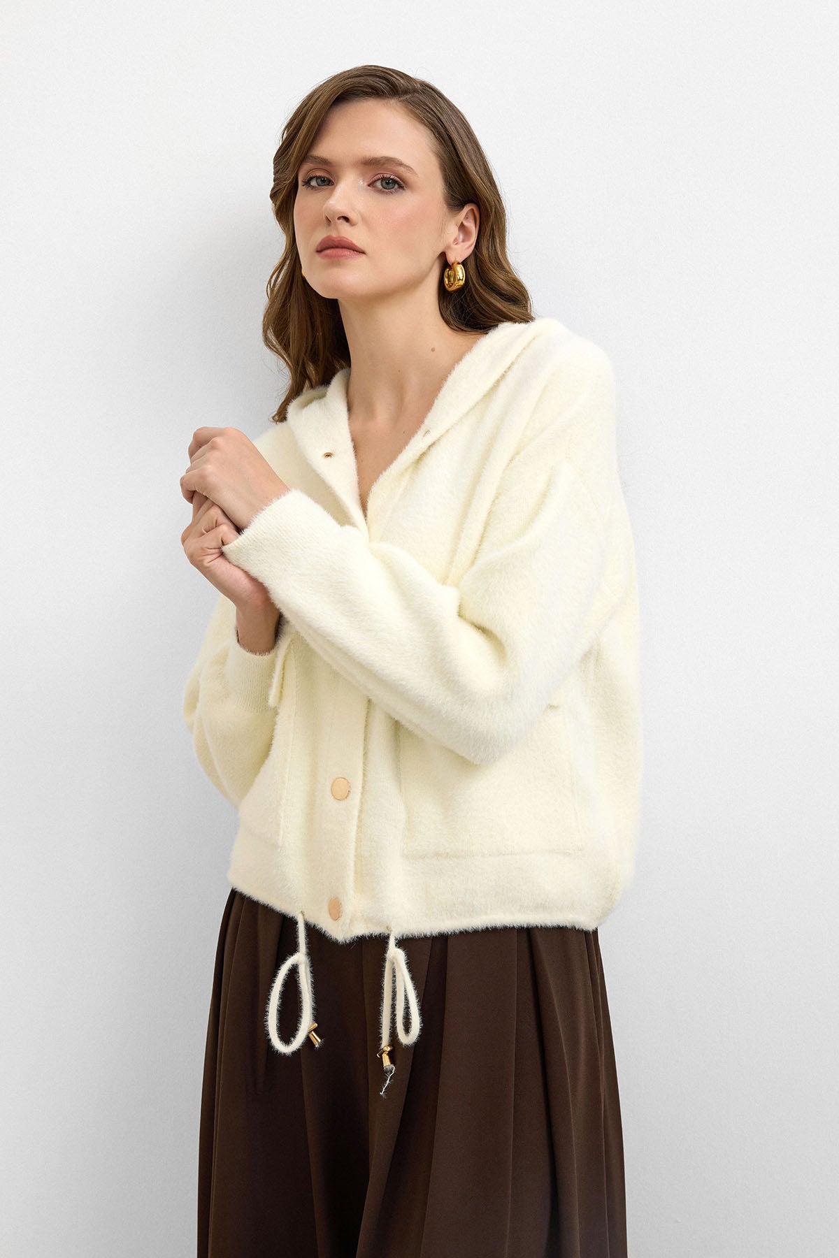 Kapüşonlu Triko Hırka Vanilya