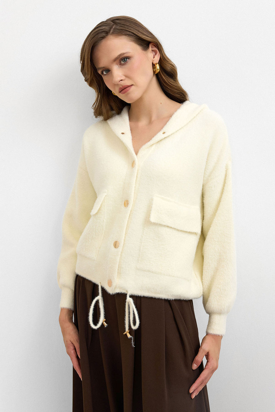 Kapüşonlu Triko Hırka Vanilya