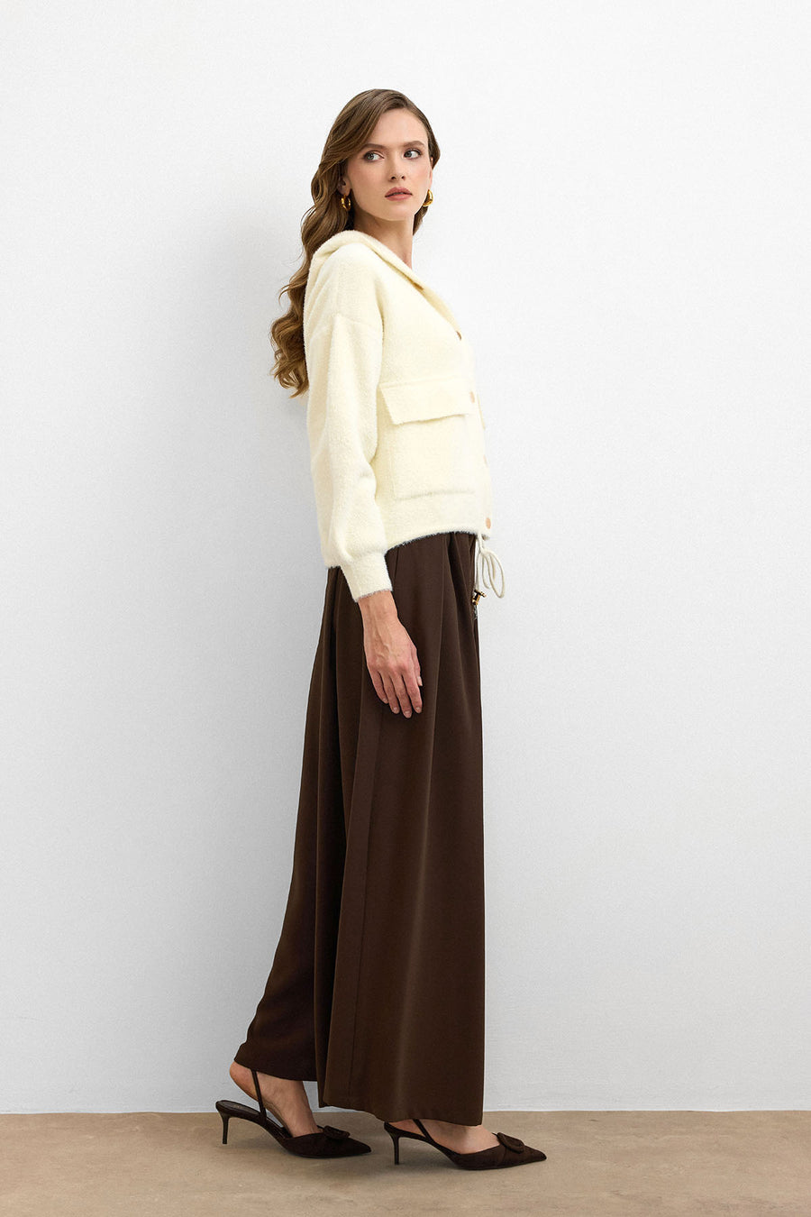 Kapüşonlu Triko Hırka Vanilya