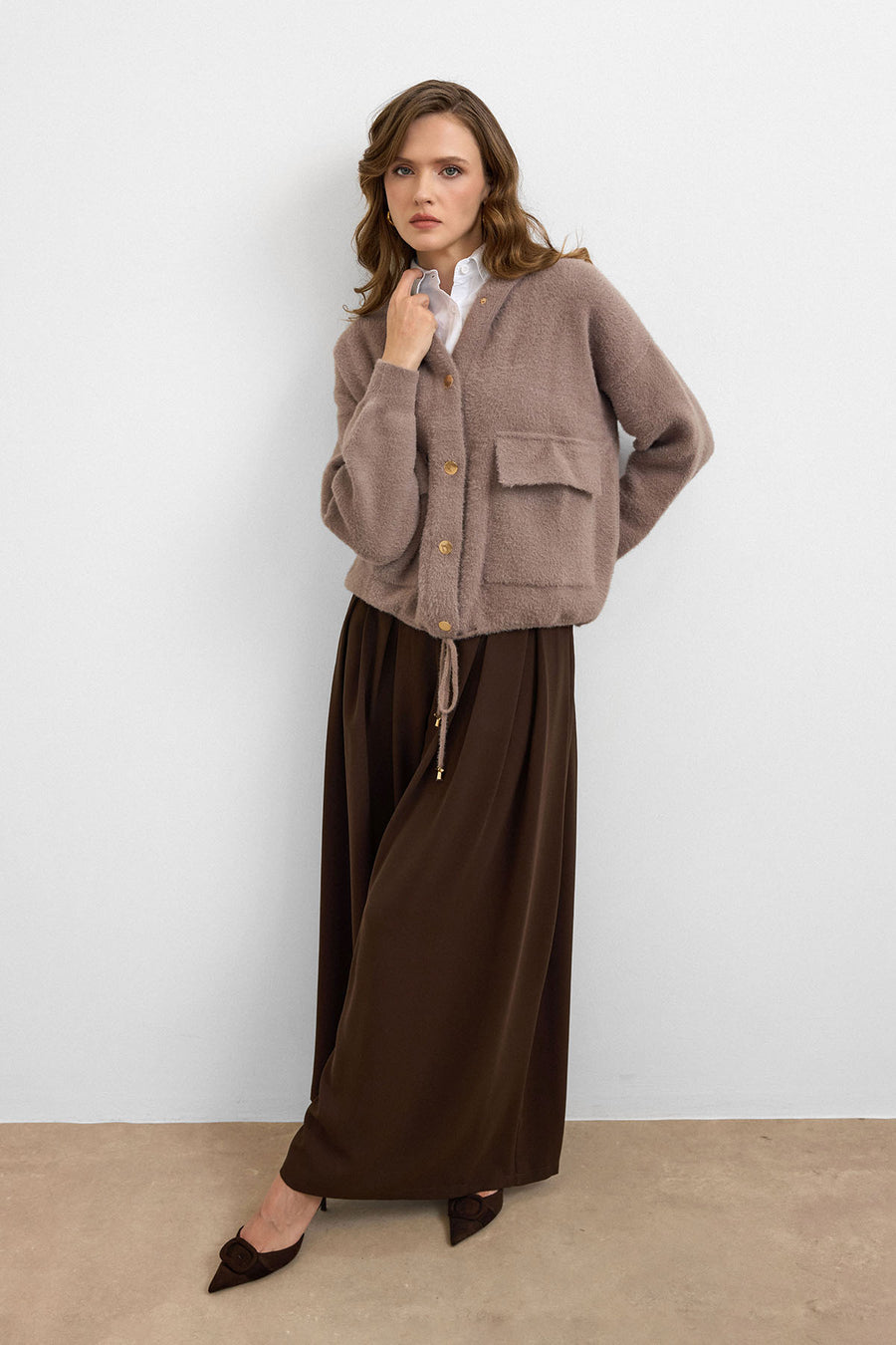 Kapüşonlu Triko Hırka Vizon