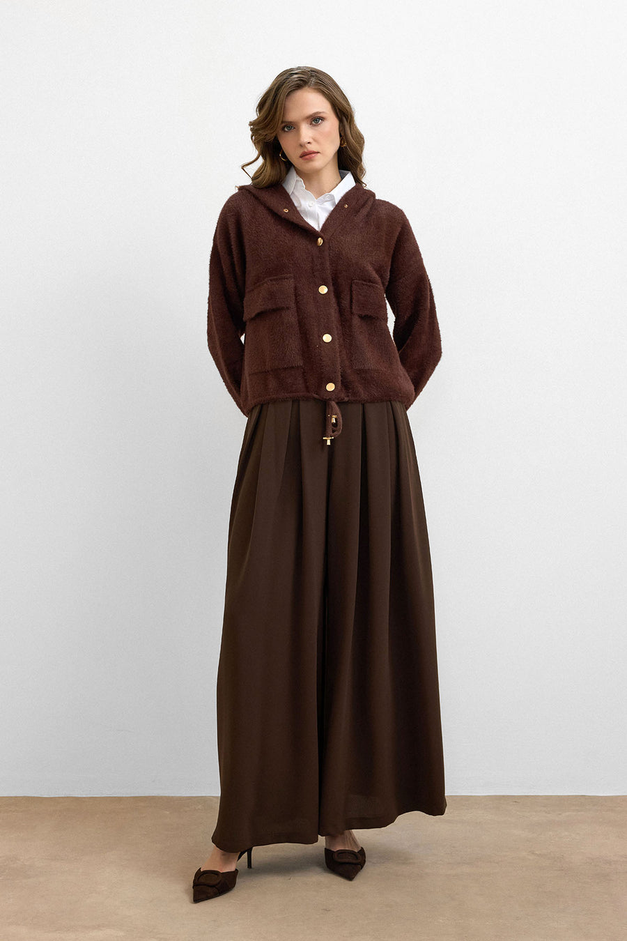 Kapüşonlu Triko Hırka Kahverengi