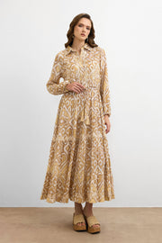Golden Ikat Desen Elbise-Bej