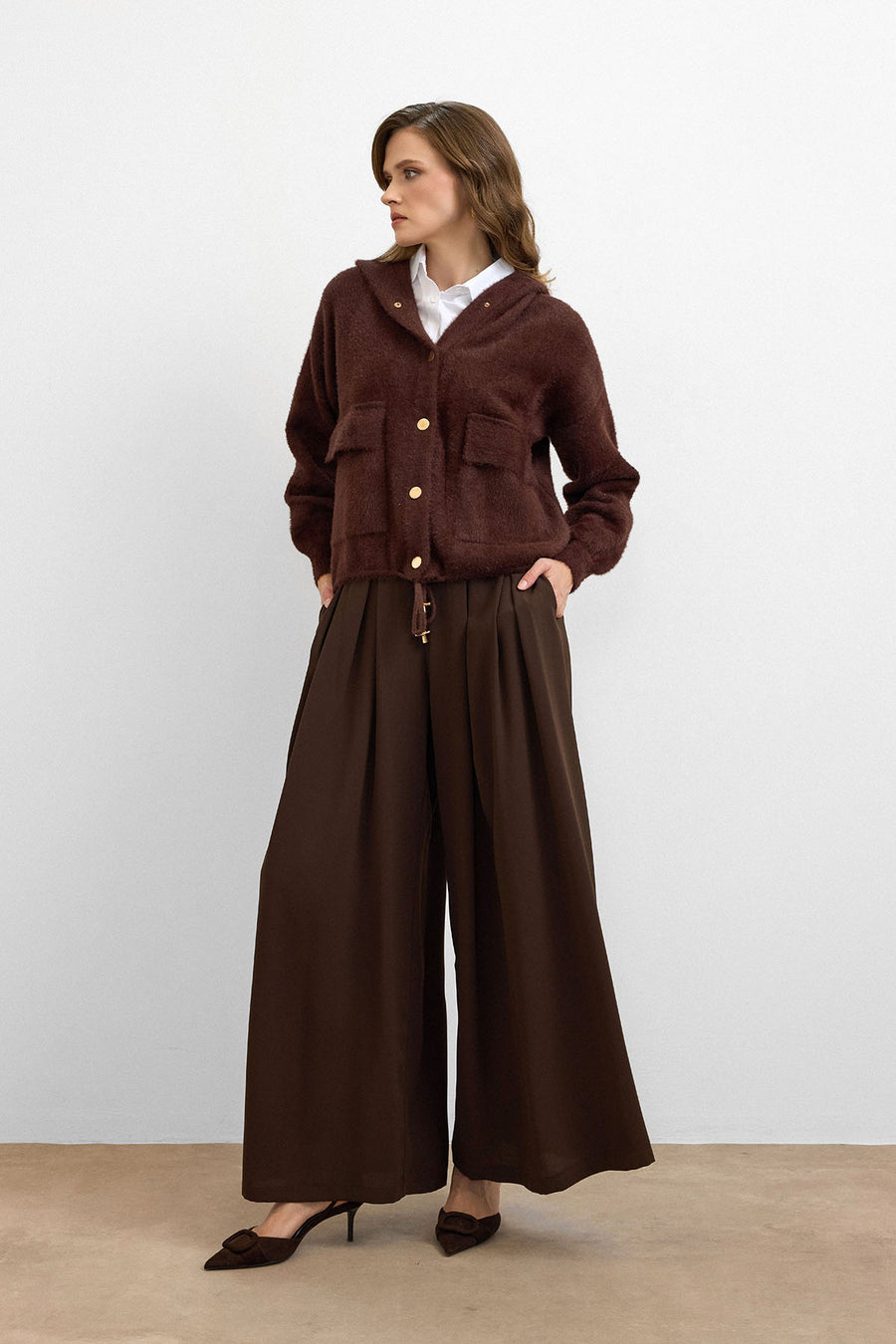 Kapüşonlu Triko Hırka Kahverengi