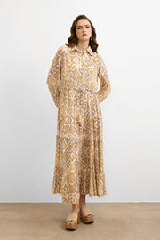 Golden Ikat Desen Elbise-Bej