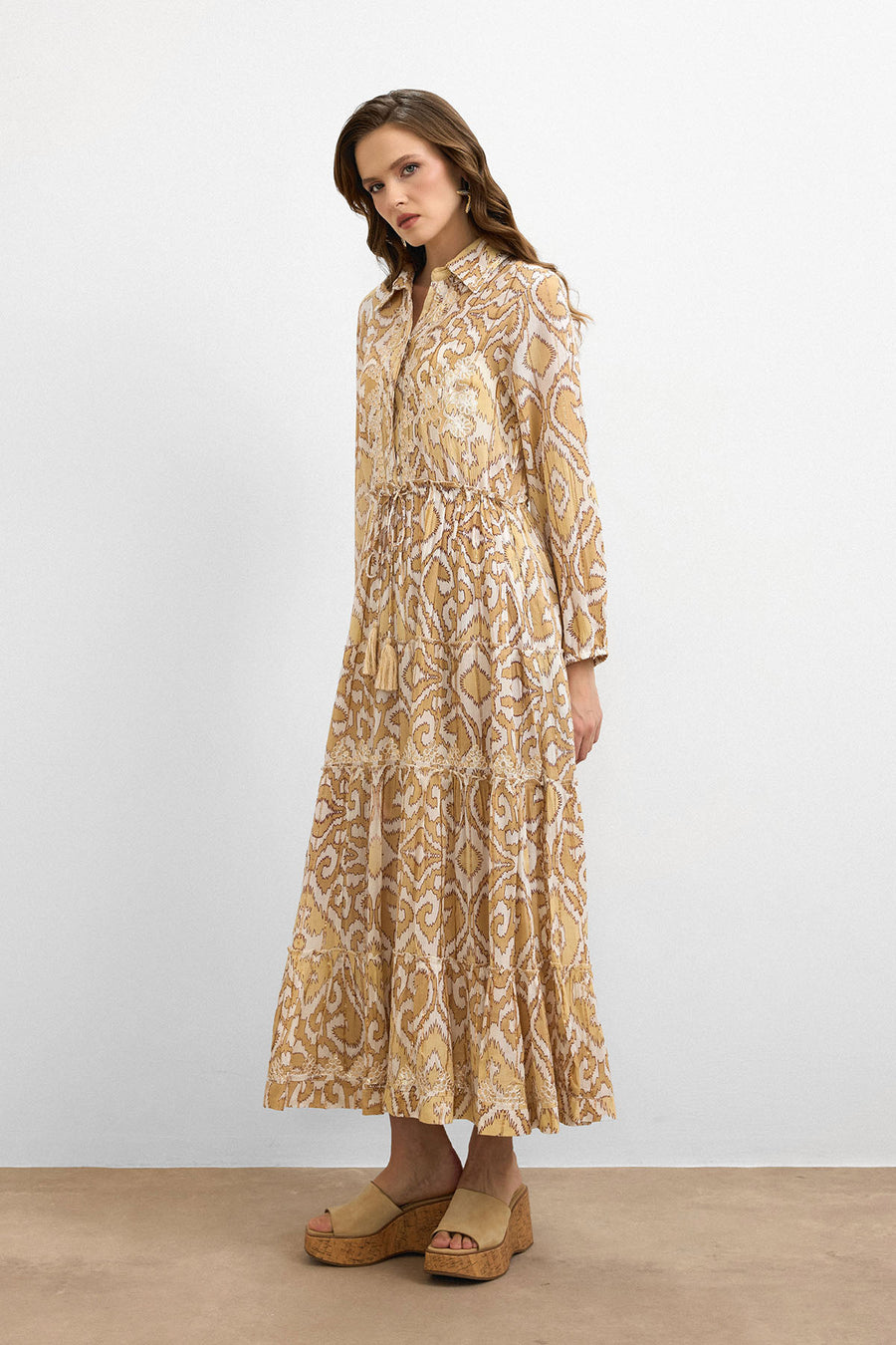 Golden Ikat Desen Elbise-Bej