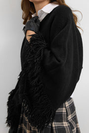 Püsküllü Triko Crop Kazak Siyah