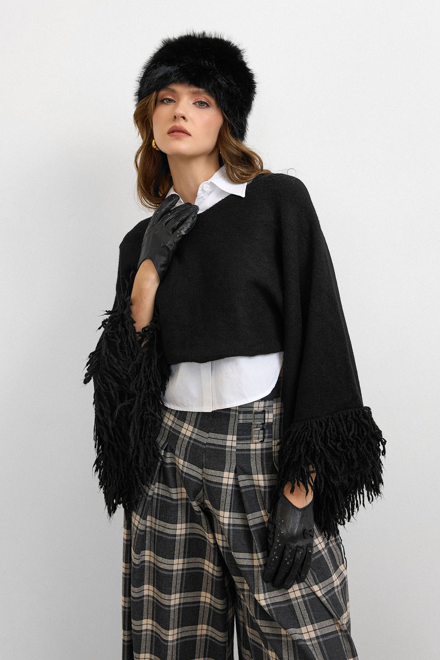 Püsküllü Triko Crop Kazak Siyah