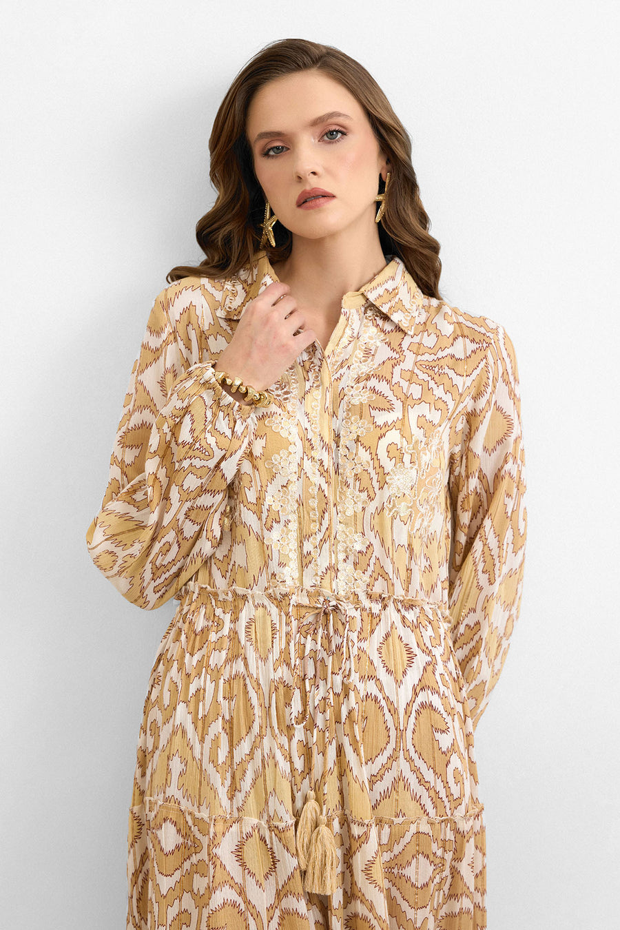 Golden Ikat Desen Elbise-Bej