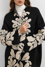 Çiçek Desenli Uzun Hırka Siyah