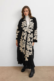 Çiçek Desenli Uzun Hırka Siyah