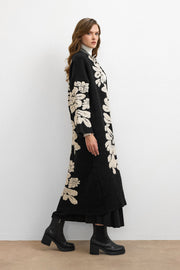 Çiçek Desenli Uzun Hırka Siyah