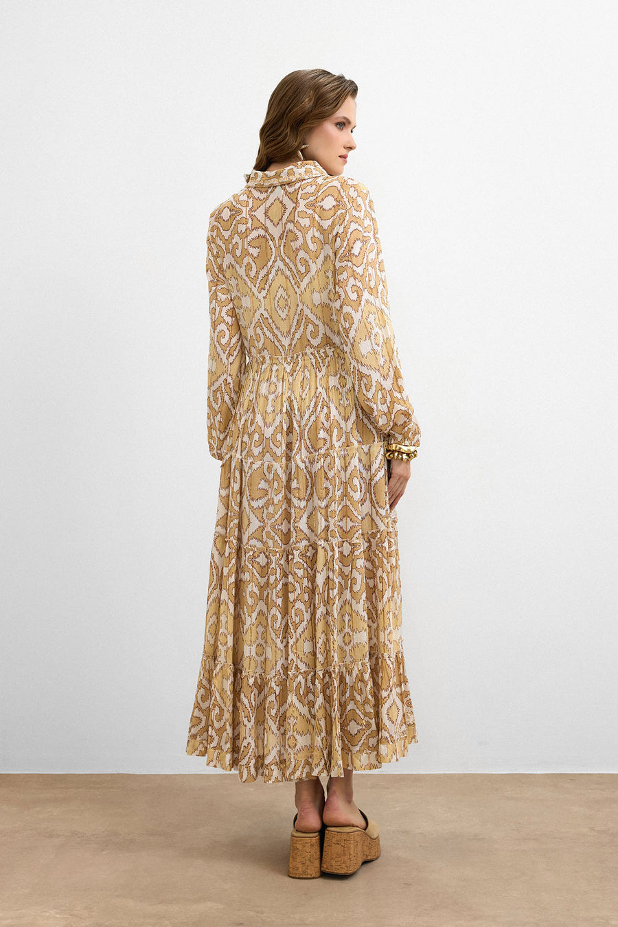 Golden Ikat Desen Elbise-Bej