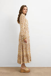 Golden Ikat Desen Elbise-Bej