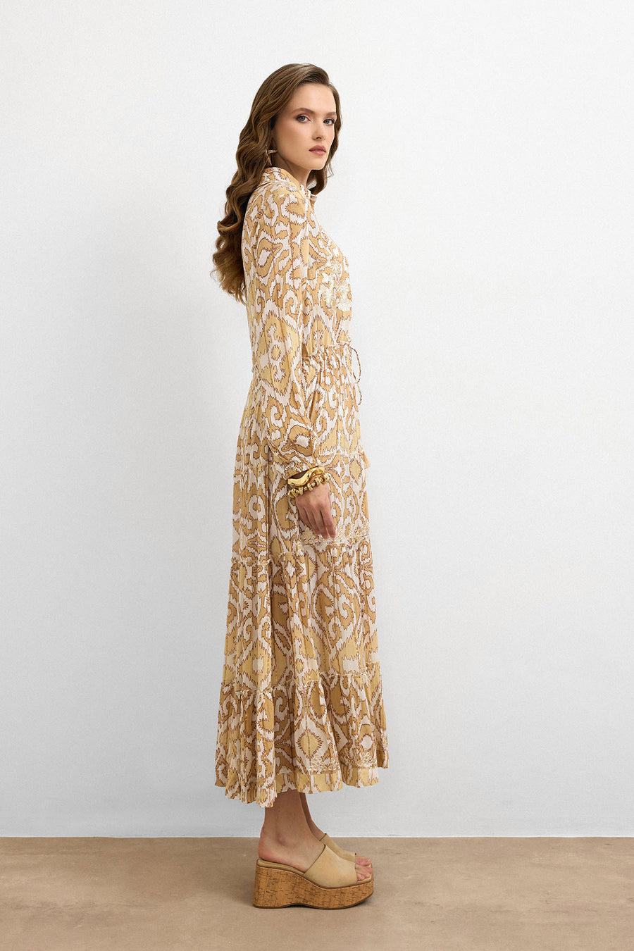 Golden Ikat Desen Elbise-Bej