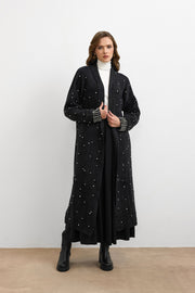 Kolları İnci İşlemeli Sakal İp Hırka Siyah