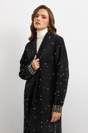 Kolları İnci İşlemeli Sakal İp Hırka Siyah