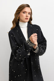 Kolları İnci İşlemeli Sakal İp Hırka Siyah