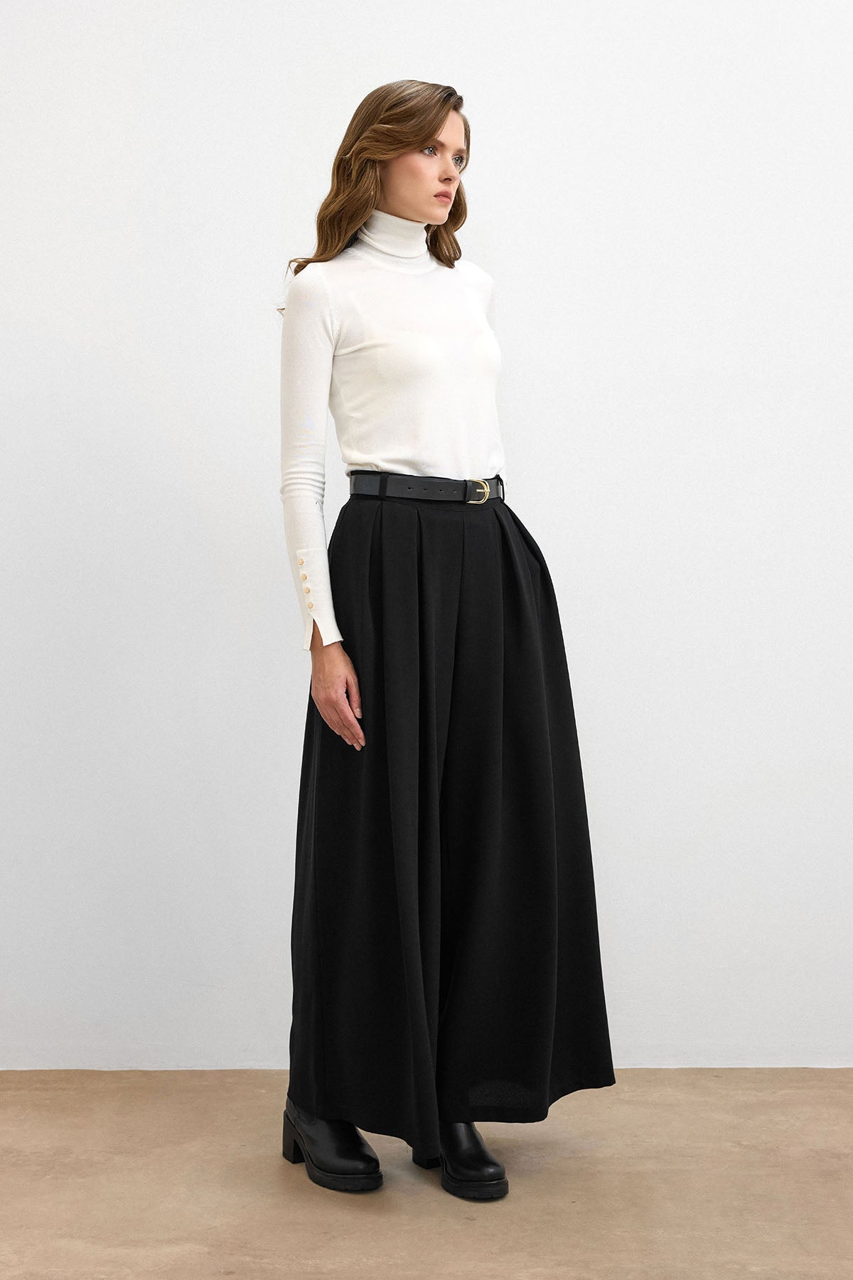 Kemerli Palazzo Pantolon - Siyah