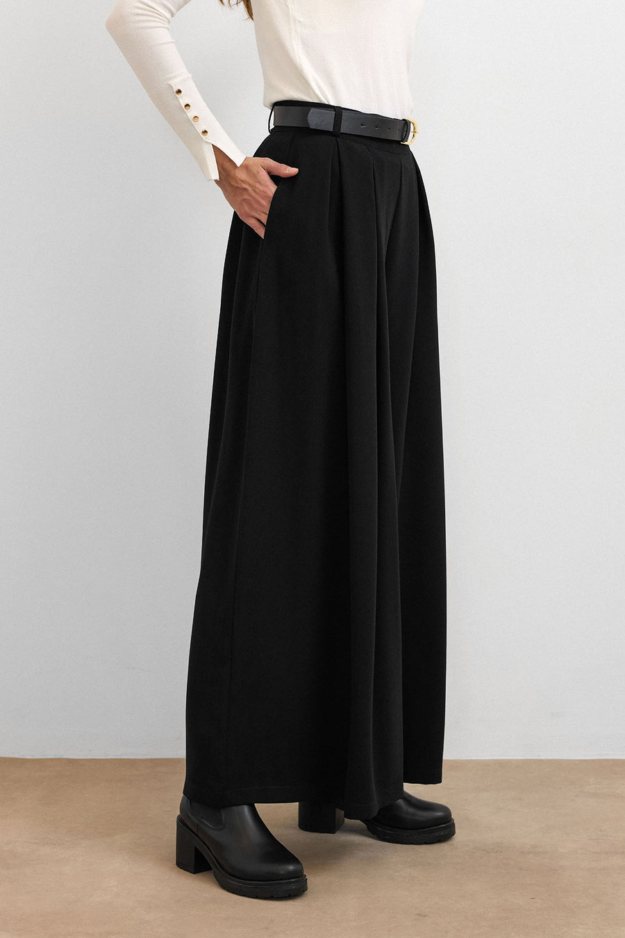 Kemerli Palazzo Pantolon - Siyah