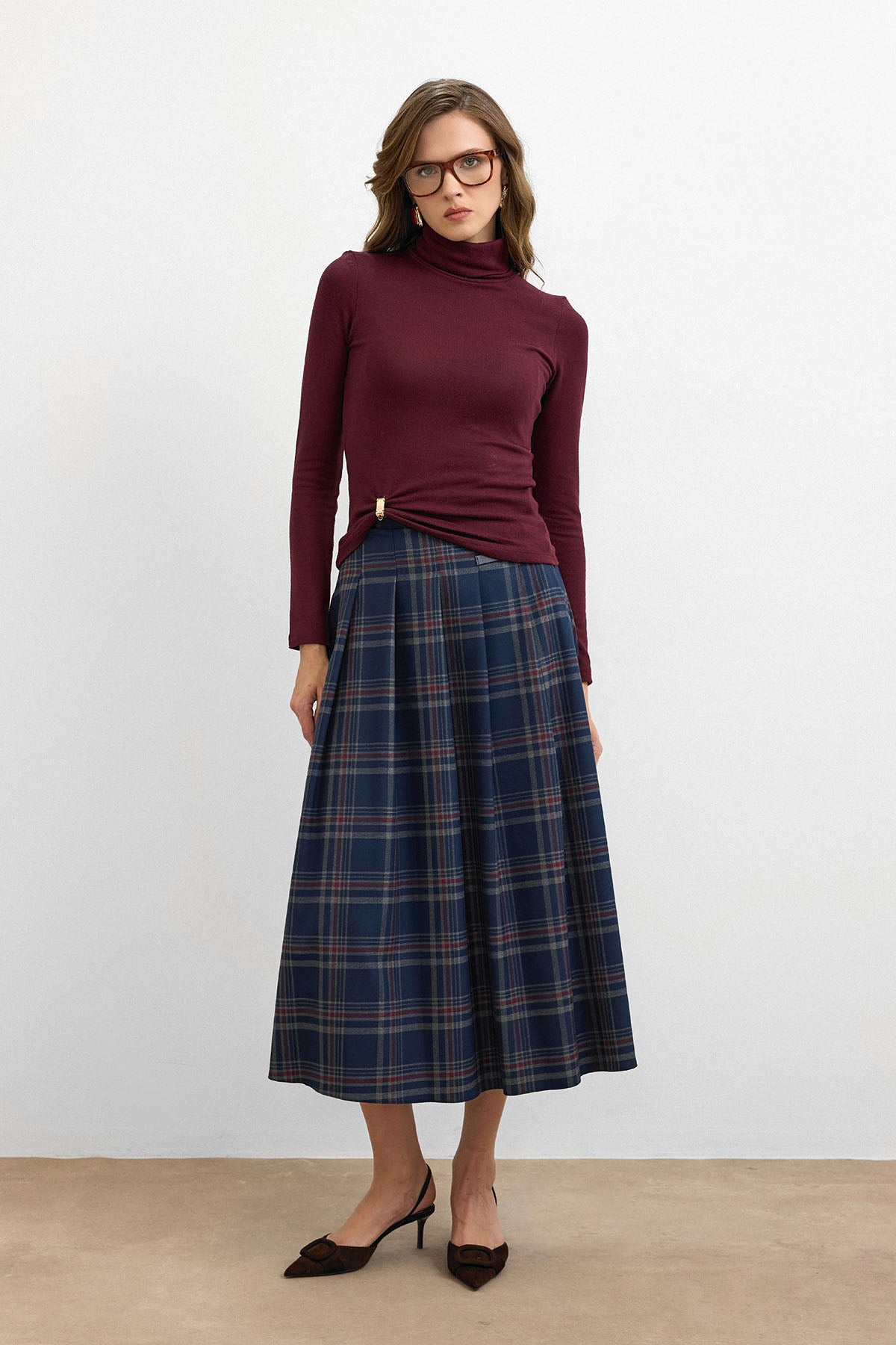 Royal Ekose Tokalı Midi Etek Lacivert