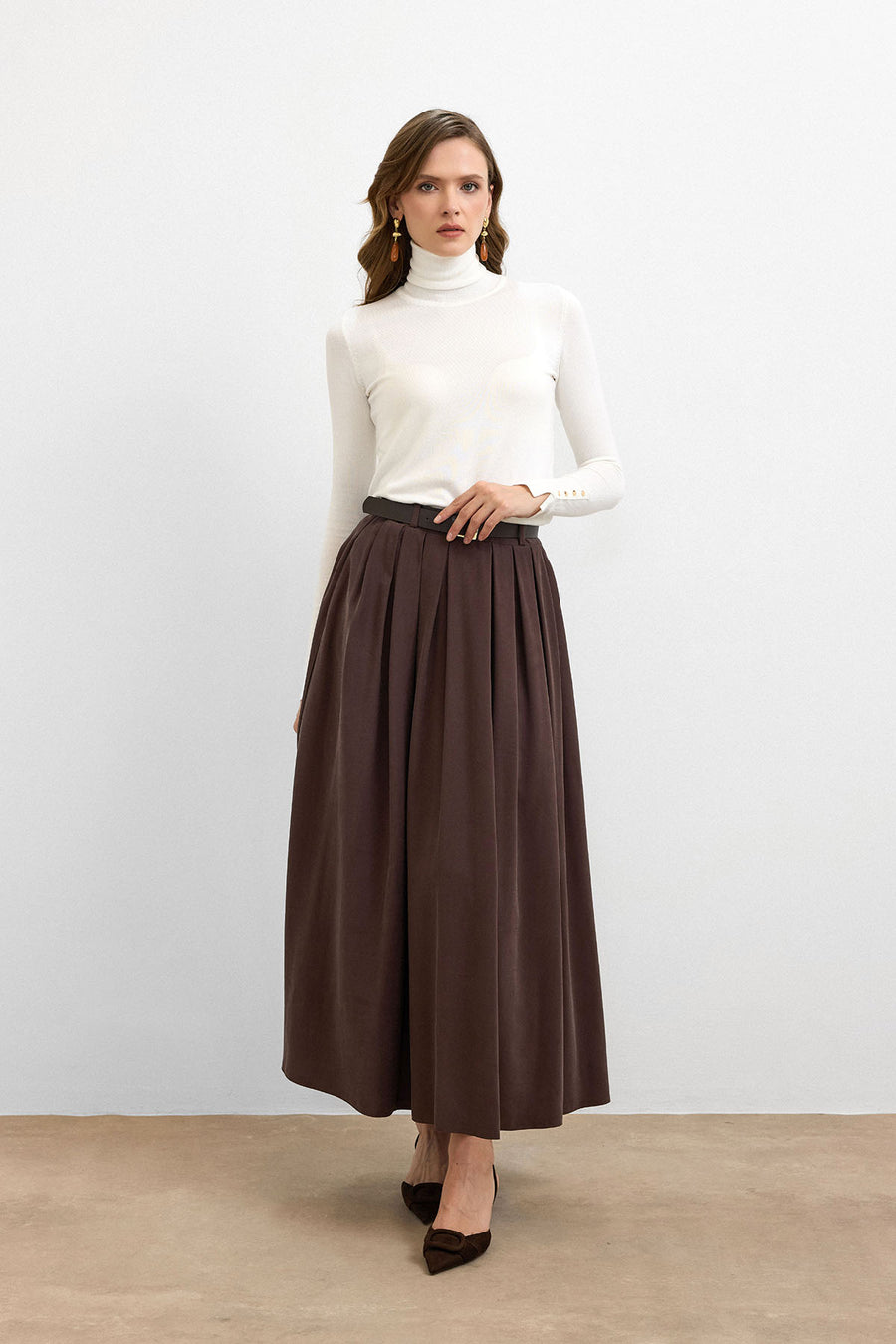 Classic Fit Dökümlü Maxi Etek Kahve